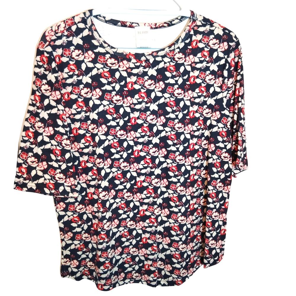 Blair Navy Red Floral Lined Blouse Women’s Large Exc. Estate Short Sleeve Top